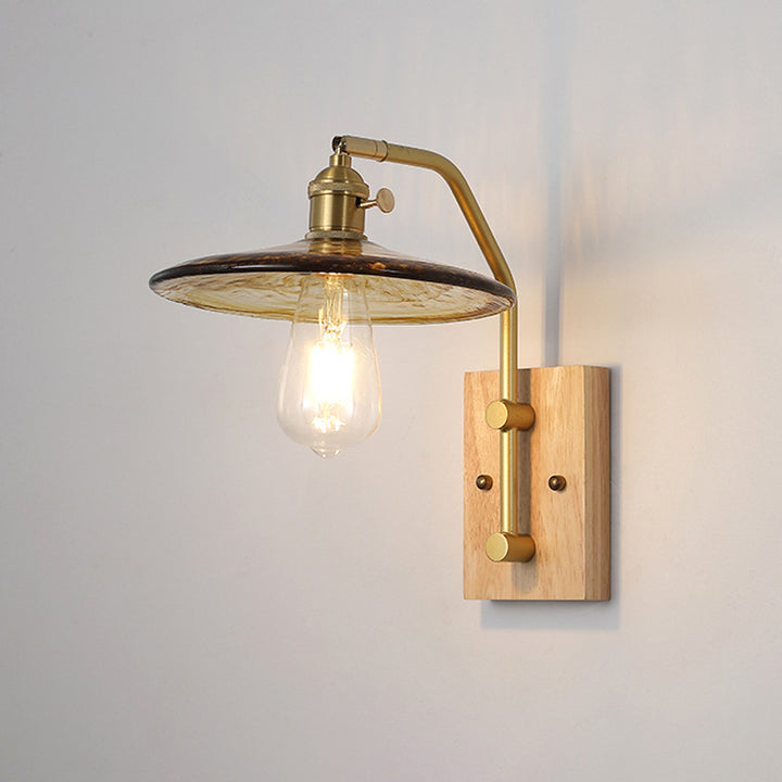Traditional Vintage Round Cone Iron Frame Wood Base Glass Shade 1-Light Wall Sconce Lamp For Living Room