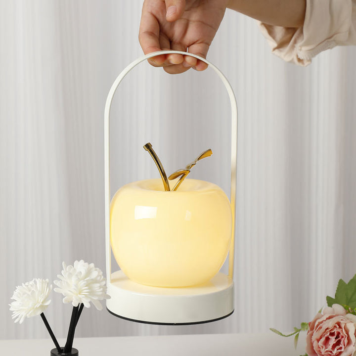 Contemporary Creative Portable Apple Iron Frame Glass Shade LED Table Lamp For Bedroom