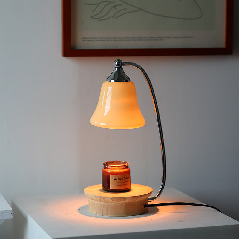 Modern Art Deco Horn Shape Oak Solid Wood Base Iron Frame Glass Shade 1-Light Aromatherapy Melted Wax Table Lamp For Bedroom