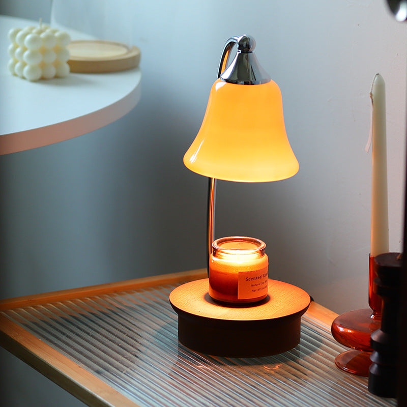 Modern Art Deco Horn Shape Oak Solid Wood Base Iron Frame Glass Shade 1-Light Aromatherapy Melted Wax Table Lamp For Bedroom