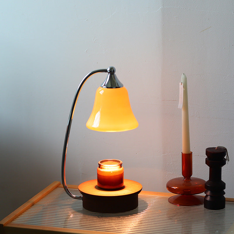 Modern Art Deco Horn Shape Oak Solid Wood Base Iron Frame Glass Shade 1-Light Aromatherapy Melted Wax Table Lamp For Bedroom