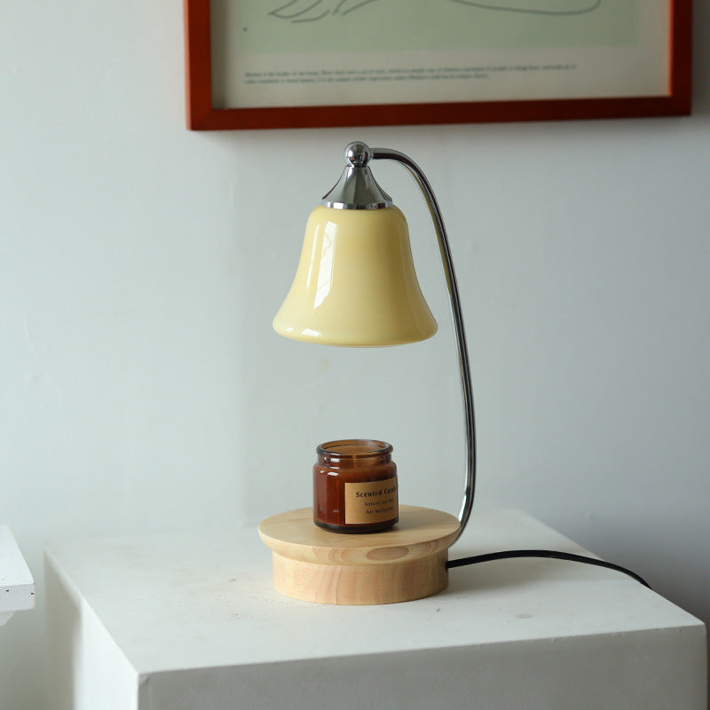 Modern Art Deco Horn Shape Oak Solid Wood Base Iron Frame Glass Shade 1-Light Aromatherapy Melted Wax Table Lamp For Bedroom