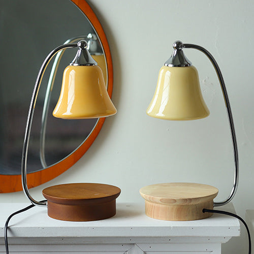 Modern Art Deco Horn Shape Oak Solid Wood Base Iron Frame Glass Shade 1-Light Aromatherapy Melted Wax Table Lamp For Bedroom