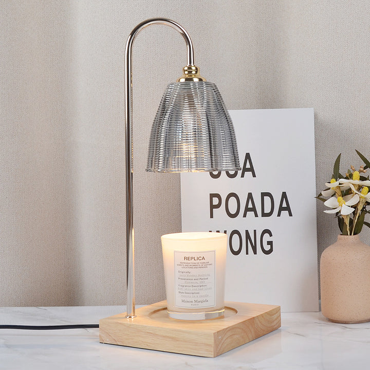Moderne Art Deco Tischlampe mit rundem Becherdesign, Holzsockel, Eisenrahmen und Glasschirm, 1-Licht Aromatherapie geschmolzenes Wachs für Schlafzimmer 