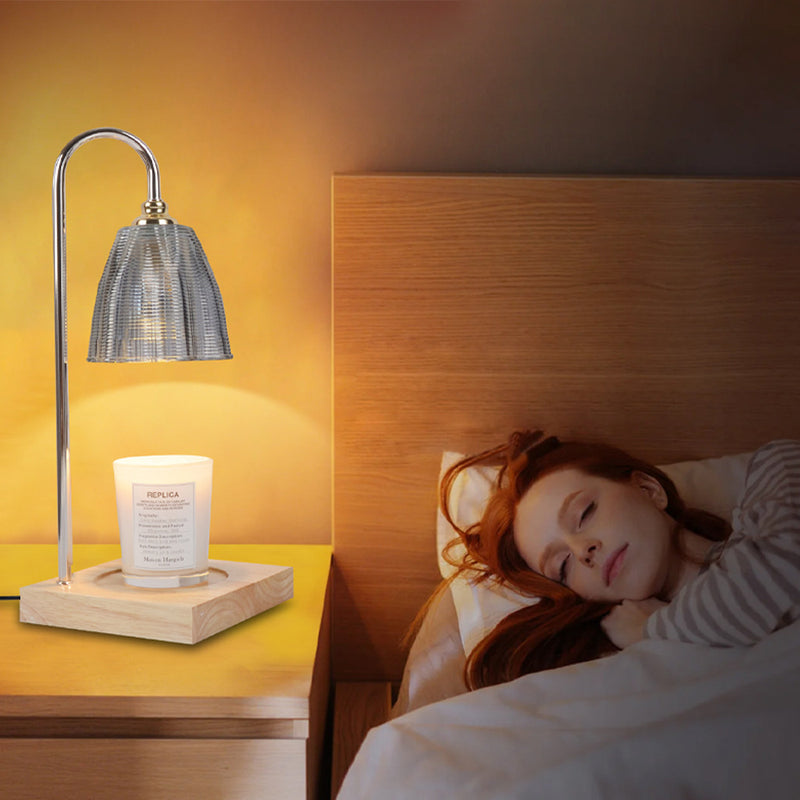 Moderne Art Deco Tischlampe mit rundem Becherdesign, Holzsockel, Eisenrahmen und Glasschirm, 1-Licht Aromatherapie geschmolzenes Wachs für Schlafzimmer 