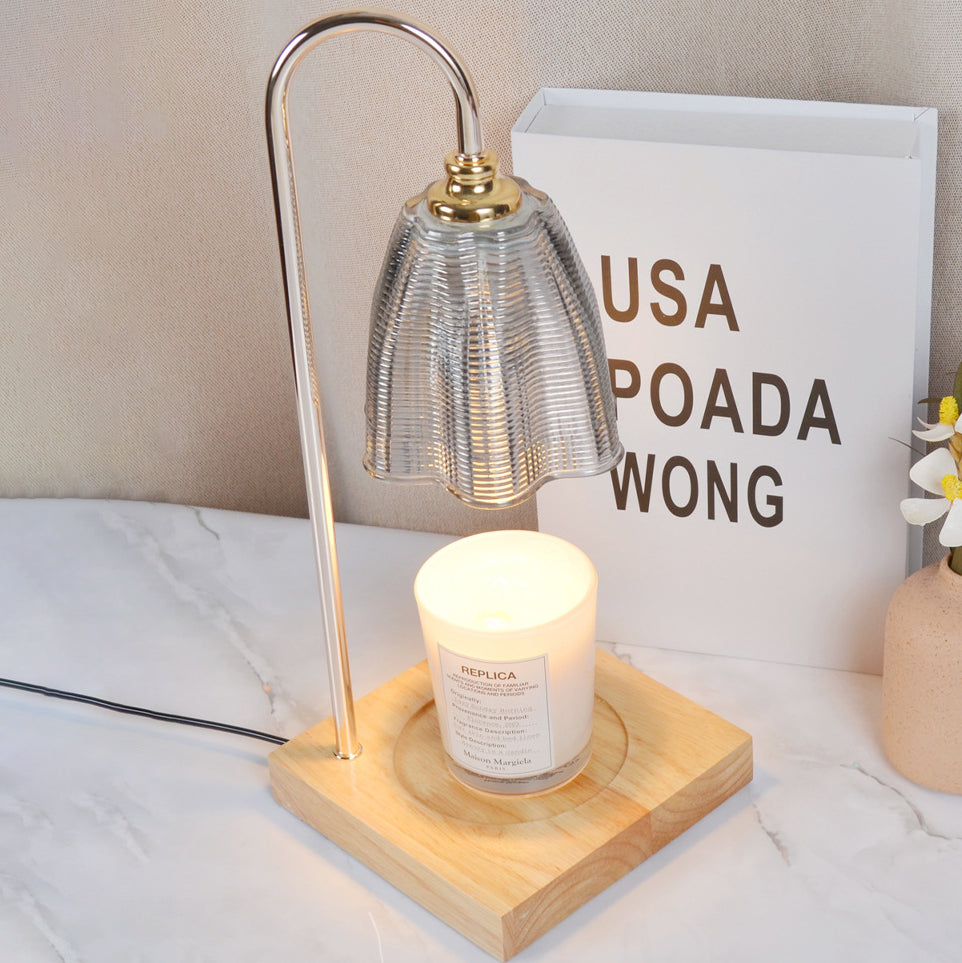 Moderne Art Deco Tischlampe mit rundem Becherdesign, Holzsockel, Eisenrahmen und Glasschirm, 1-Licht Aromatherapie geschmolzenes Wachs für Schlafzimmer 