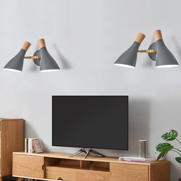 Modern Minimalist Round Cylinder Horn Shape Iron Wood 2-Light Wall Sconce Lamp For Living Room
