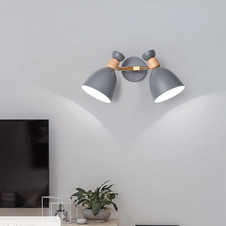Modern Minimalist Round Cylinder Horn Shape Iron Wood 2-Light Wall Sconce Lamp For Living Room
