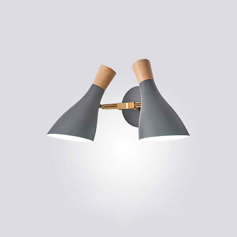 Modern Minimalist Round Cylinder Horn Shape Iron Wood 2-Light Wall Sconce Lamp For Living Room