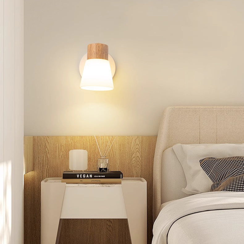 Lámpara de Aplique de Pared Cilíndrica Minimalista Moderna con Pantalla de Vidrio y Madera 1/2 Luces para Dormitorio 