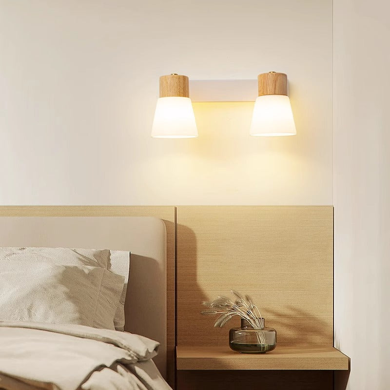 Lámpara de Aplique de Pared Cilíndrica Minimalista Moderna con Pantalla de Vidrio y Madera 1/2 Luces para Dormitorio 