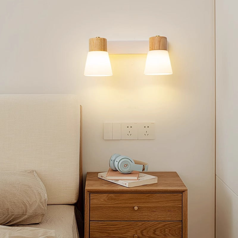 Lámpara de Aplique de Pared Cilíndrica Minimalista Moderna con Pantalla de Vidrio y Madera 1/2 Luces para Dormitorio 