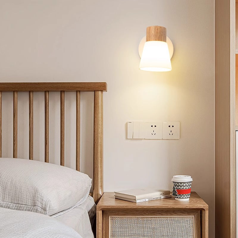 Lámpara de Aplique de Pared Cilíndrica Minimalista Moderna con Pantalla de Vidrio y Madera 1/2 Luces para Dormitorio 