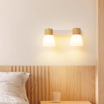 Lámpara de Aplique de Pared Cilíndrica Minimalista Moderna con Pantalla de Vidrio y Madera 1/2 Luces para Dormitorio 