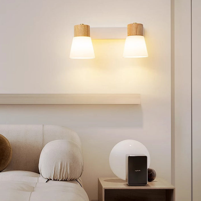 Lámpara de Aplique de Pared Cilíndrica Minimalista Moderna con Pantalla de Vidrio y Madera 1/2 Luces para Dormitorio 