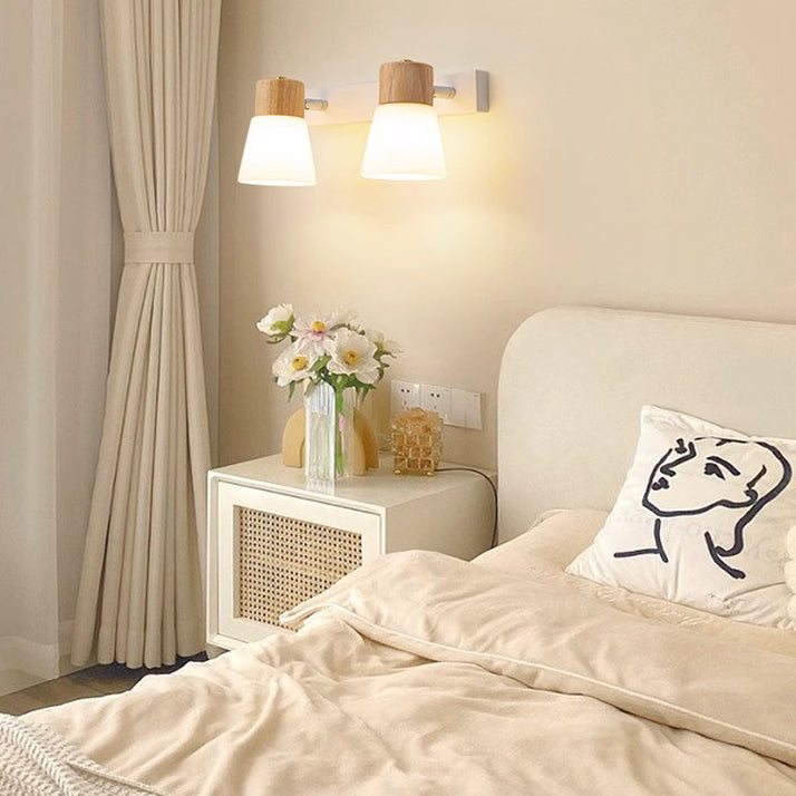 Lámpara de Aplique de Pared Cilíndrica Minimalista Moderna con Pantalla de Vidrio y Madera 1/2 Luces para Dormitorio 