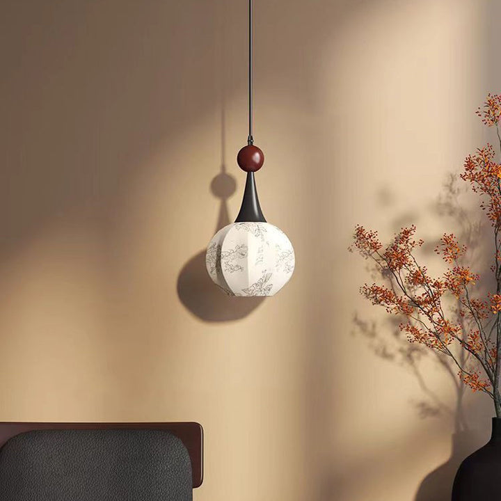 Lámpara colgante de 1 luz con pantalla de tela floral de madera original estilo globo francés tradicional para sala de estar 