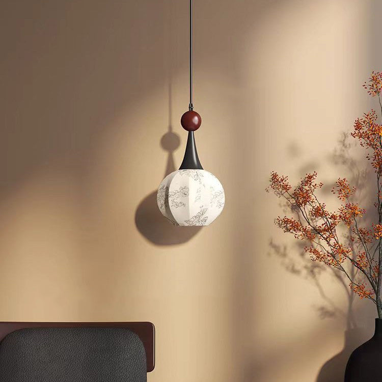 Traditionelle französische Globus Original Holz Floral Stoffschirm 1-Licht Pendelleuchte für Wohnzimmer 