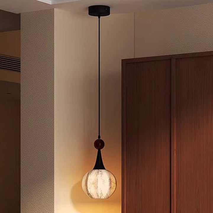 Traditional French Globe Original Wood Floral Fabric Shade 1-Light Pendant Light For Living Room
