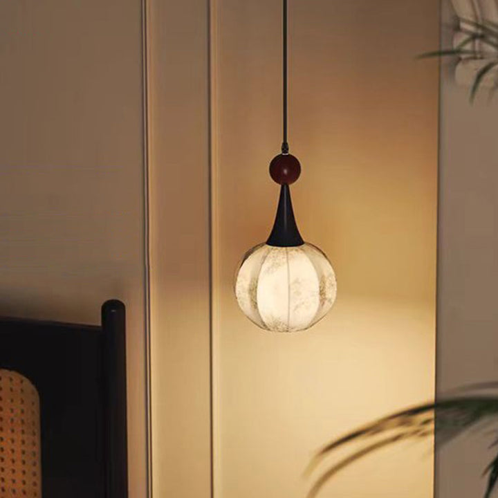 Lámpara colgante de 1 luz con pantalla de tela floral de madera original estilo globo francés tradicional para sala de estar 