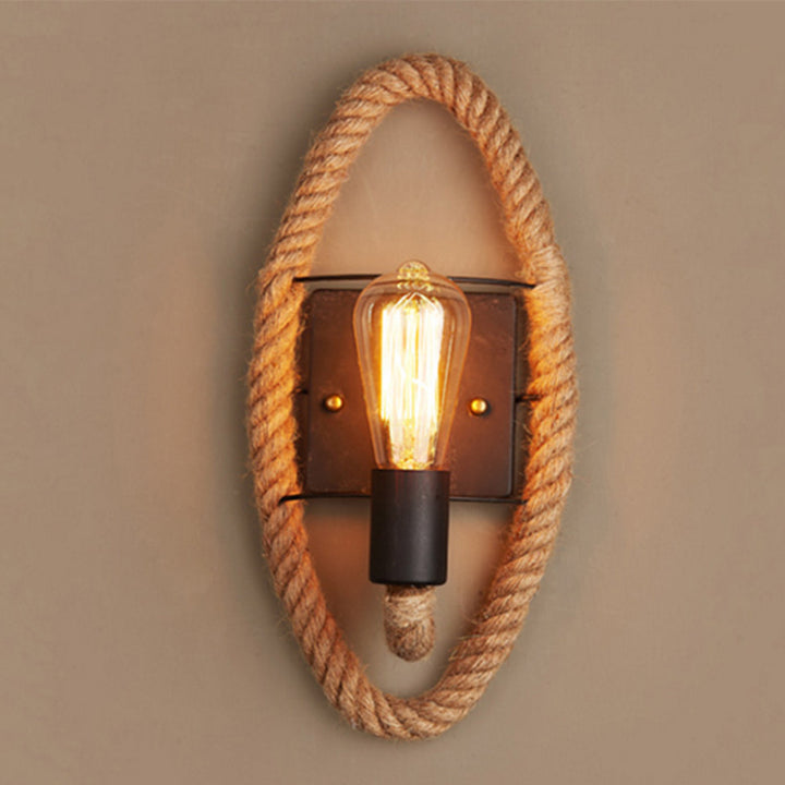 Traditional Vintage Round Oval Hardware Hemp Rope 1-Light Wall Sconce Lamp For Living Room
