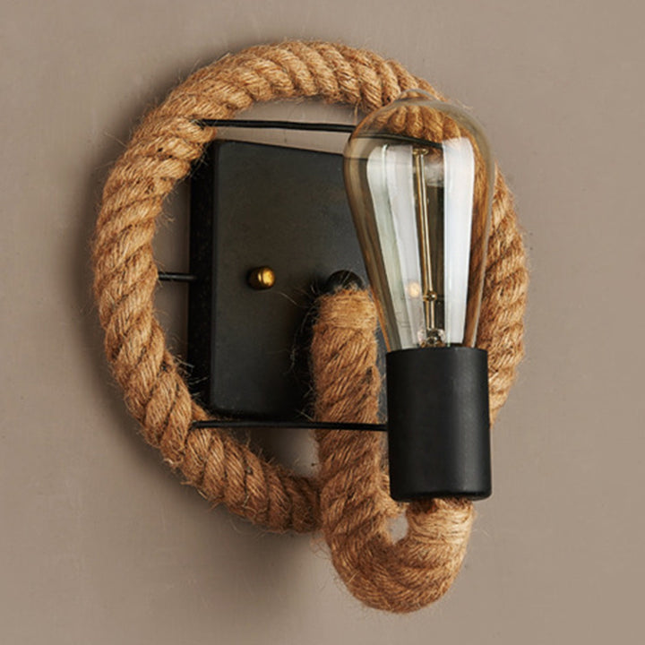 Traditional Vintage Round Oval Hardware Hemp Rope 1-Light Wall Sconce Lamp For Living Room