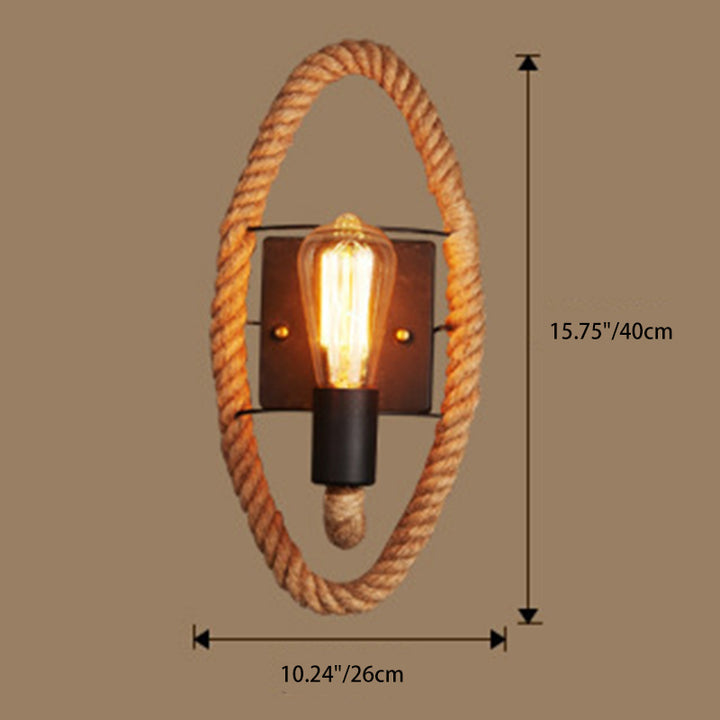Traditional Vintage Round Oval Hardware Hemp Rope 1-Light Wall Sconce Lamp For Living Room