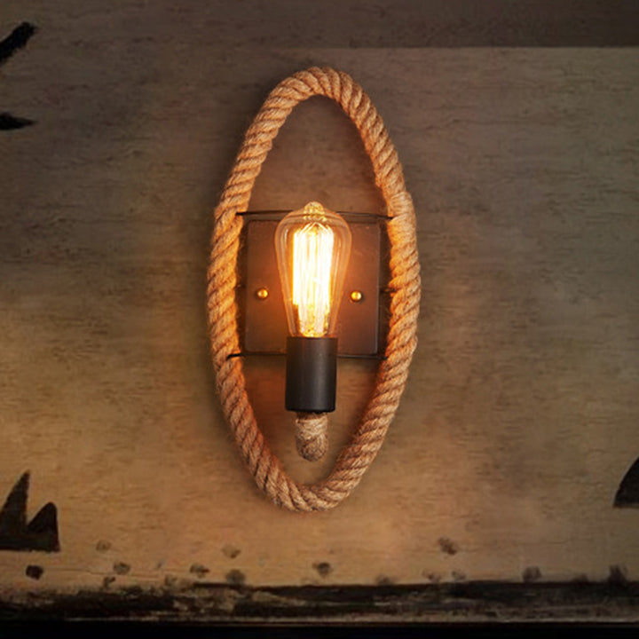 Traditional Vintage Round Oval Hardware Hemp Rope 1-Light Wall Sconce Lamp For Living Room