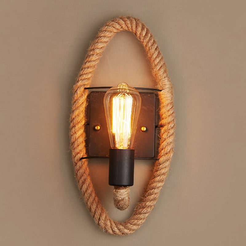 Traditional Vintage Round Oval Hardware Hemp Rope 1-Light Wall Sconce Lamp For Living Room
