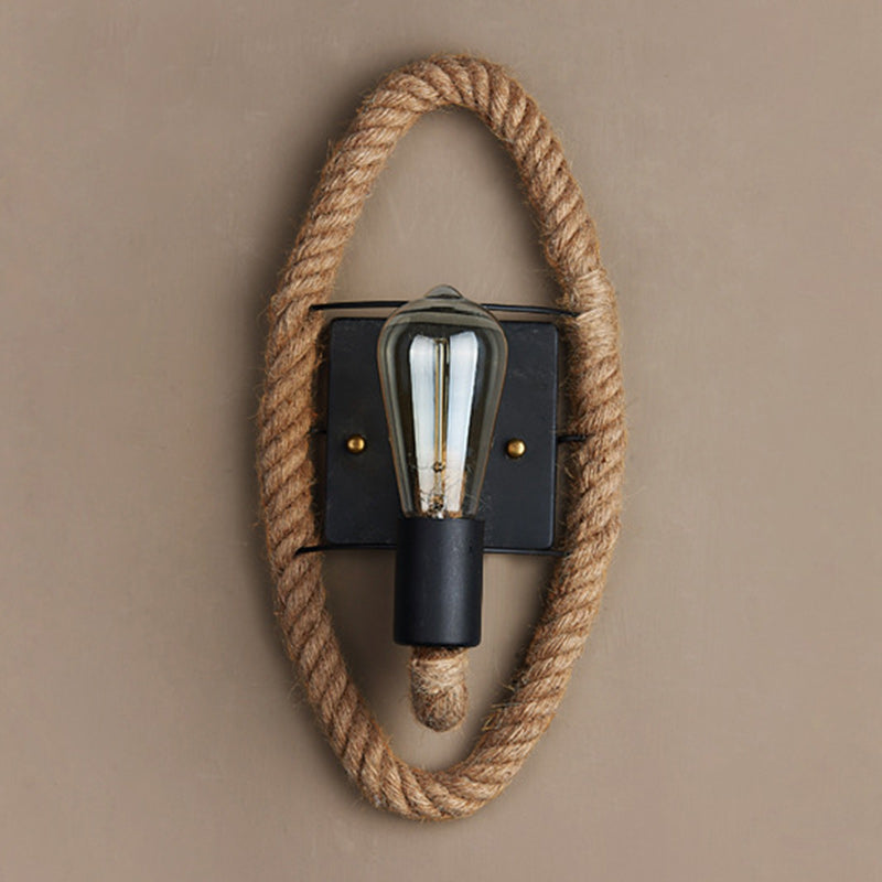 Traditional Vintage Round Oval Hardware Hemp Rope 1-Light Wall Sconce Lamp For Living Room
