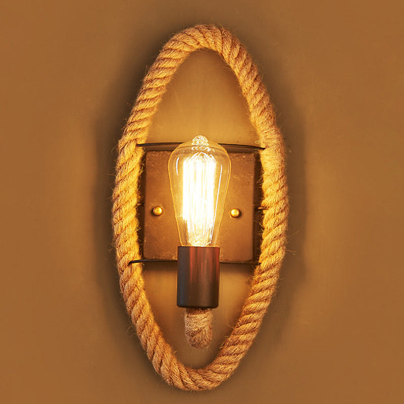 Traditional Vintage Round Oval Hardware Hemp Rope 1-Light Wall Sconce Lamp For Living Room