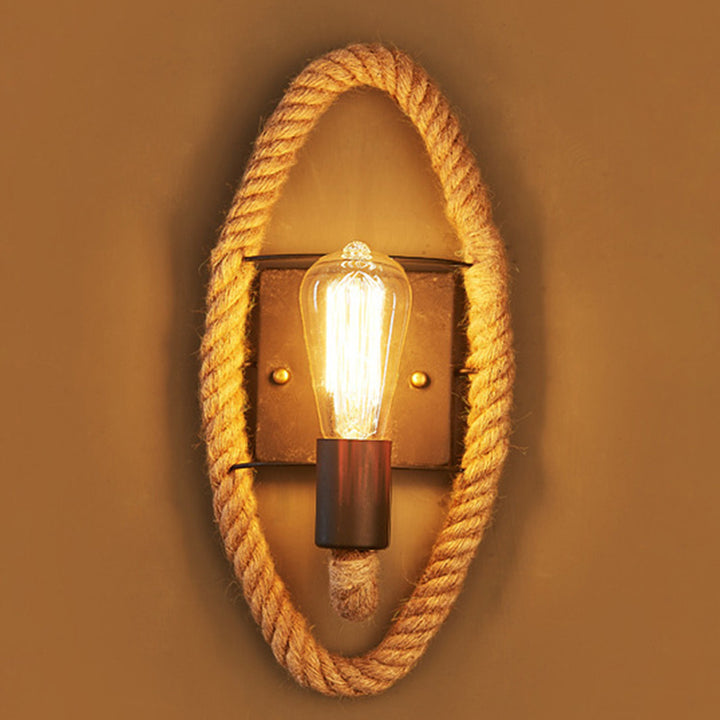 Traditional Vintage Round Oval Hardware Hemp Rope 1-Light Wall Sconce Lamp For Living Room