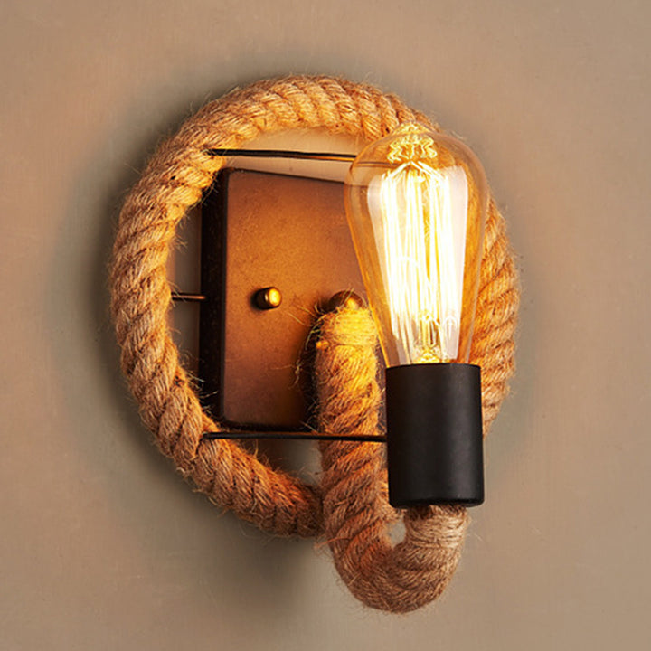 Traditional Vintage Round Oval Hardware Hemp Rope 1-Light Wall Sconce Lamp For Living Room