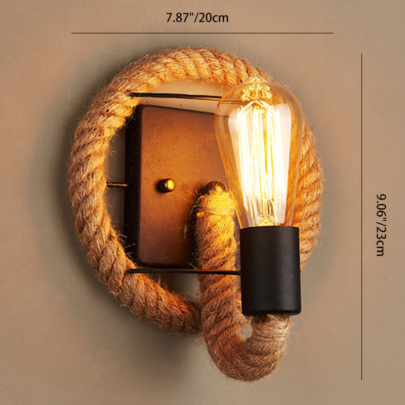 Traditional Vintage Round Oval Hardware Hemp Rope 1-Light Wall Sconce Lamp For Living Room
