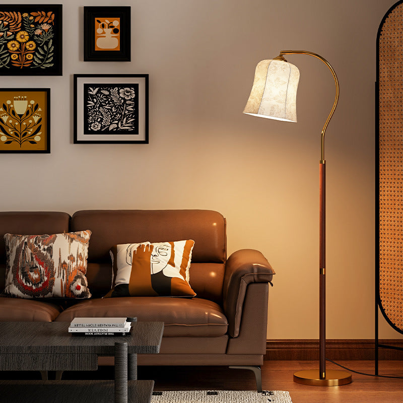 LINNMON Vintage Floor Lamp - Tall Standing Lamp With Light Gold Fabric Shade & Pull Chain