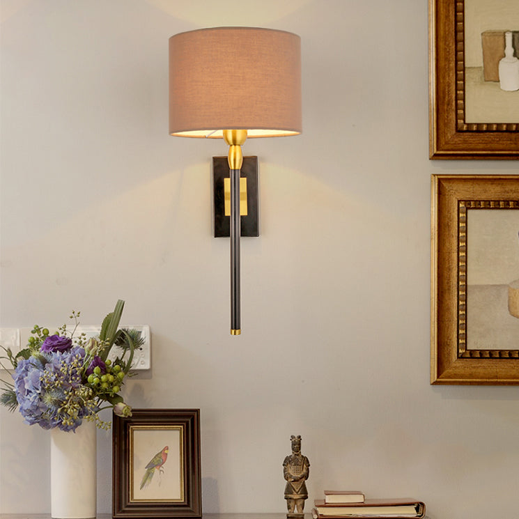 Contemporary Nordic Round Cylinder Iron Fabric Shade 1-Light Wall Sconce Lamp For Living Room