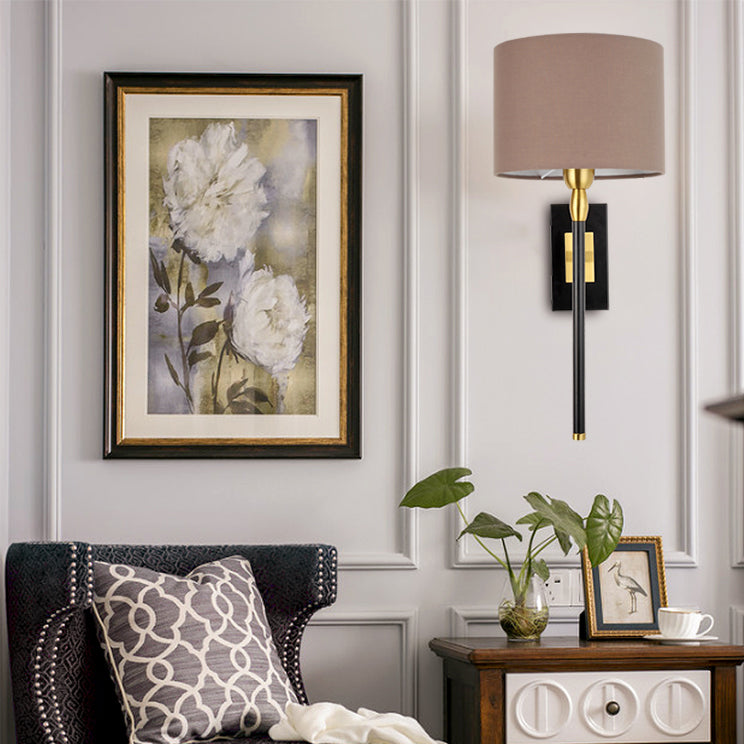 Contemporary Nordic Round Cylinder Iron Fabric Shade 1-Light Wall Sconce Lamp For Living Room