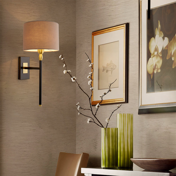 Contemporary Nordic Round Cylinder Iron Fabric Shade 1-Light Wall Sconce Lamp For Living Room