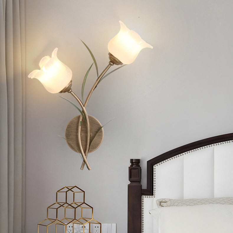 Traditional Rustic Floral Leaf Iron Glass 1/2 Light Wall Sconce Lamp For Living Room