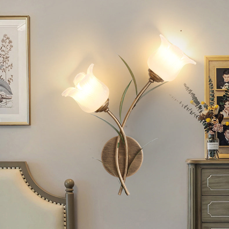 Traditional Rustic Floral Leaf Iron Glass 1/2 Light Wall Sconce Lamp For Living Room
