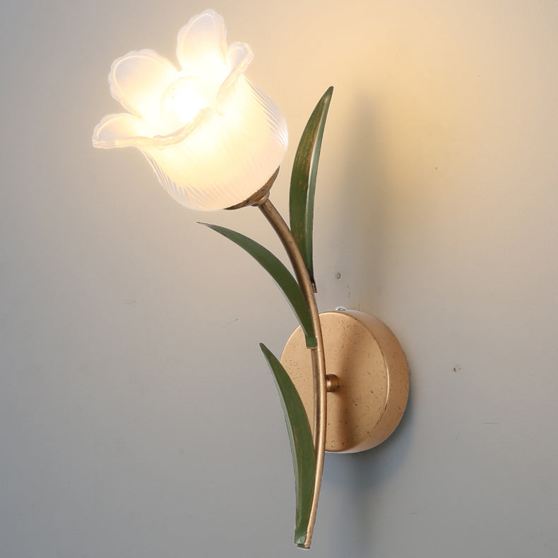 Traditional Rustic Floral Leaf Iron Glass 1/2 Light Wall Sconce Lamp For Living Room