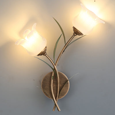 Traditional Rustic Floral Leaf Iron Glass 1/2 Light Wall Sconce Lamp For Living Room