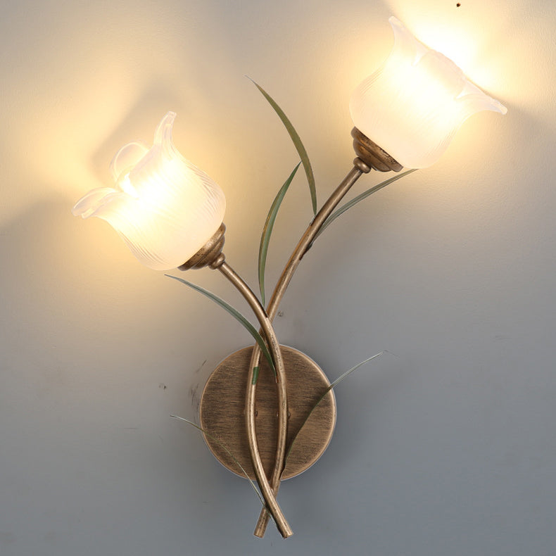 Traditional Rustic Floral Leaf Iron Glass 1/2 Light Wall Sconce Lamp For Living Room