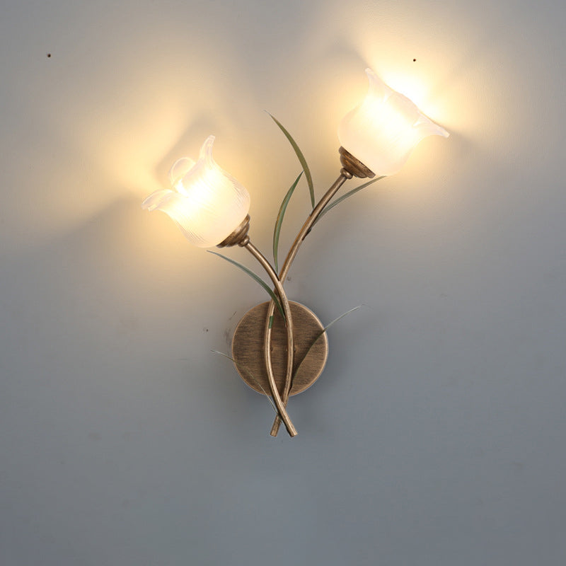 Traditional Rustic Floral Leaf Iron Glass 1/2 Light Wall Sconce Lamp For Living Room