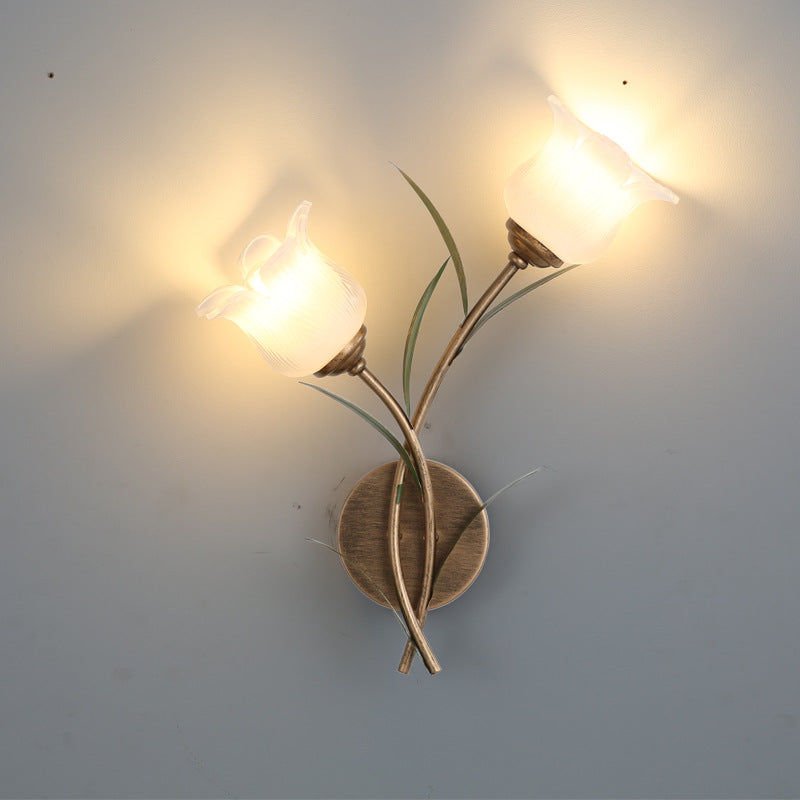 Traditional Rustic Floral Leaf Iron Glass 1/2 Light Wall Sconce Lamp For Living Room