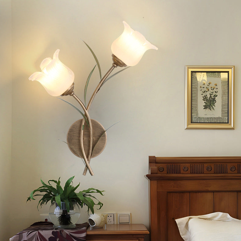 Traditional Rustic Floral Leaf Iron Glass 1/2 Light Wall Sconce Lamp For Living Room