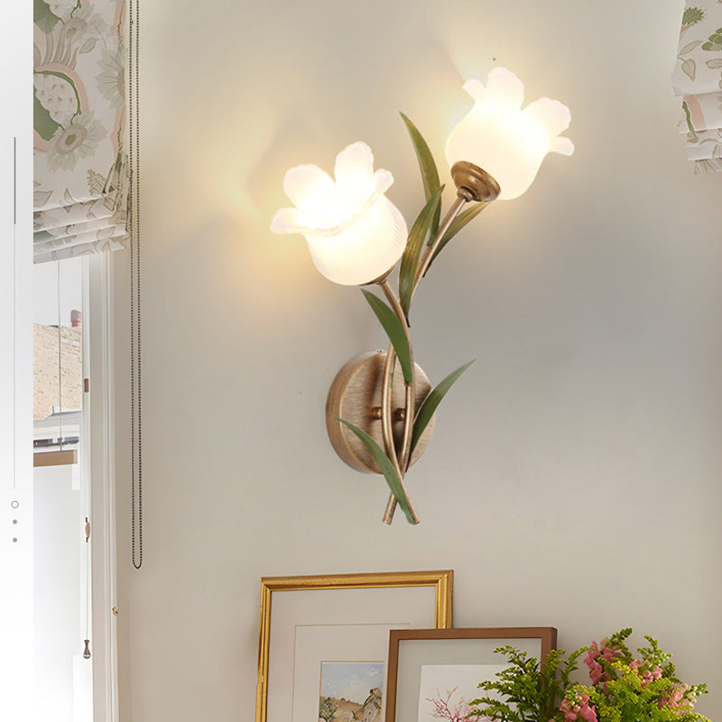 Traditional Rustic Floral Leaf Iron Glass 1/2 Light Wall Sconce Lamp For Living Room