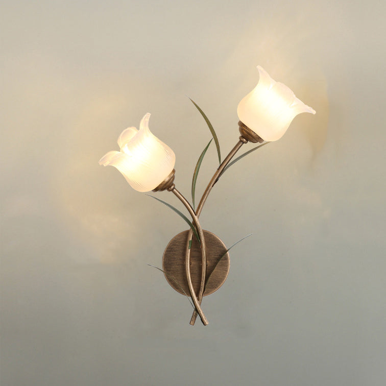 Traditional Rustic Floral Leaf Iron Glass 1/2 Light Wall Sconce Lamp For Living Room