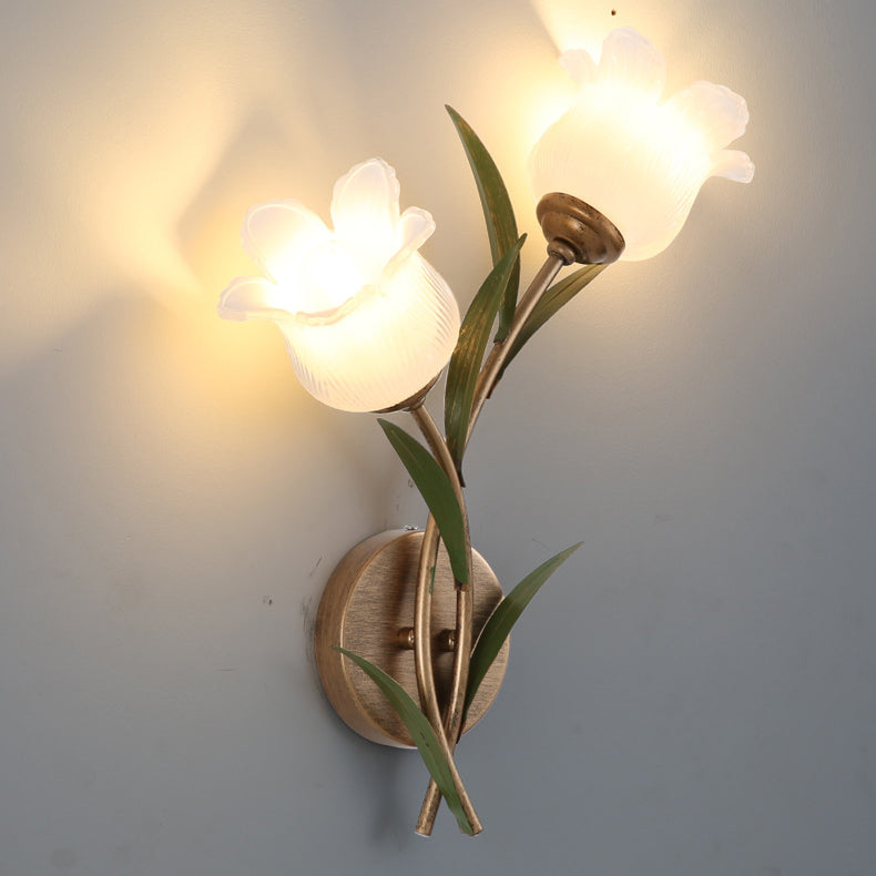 Traditional Rustic Floral Leaf Iron Glass 1/2 Light Wall Sconce Lamp For Living Room