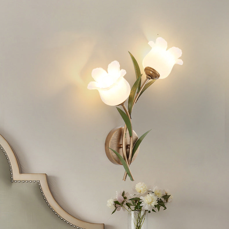 Traditional Rustic Floral Leaf Iron Glass 1/2 Light Wall Sconce Lamp For Living Room